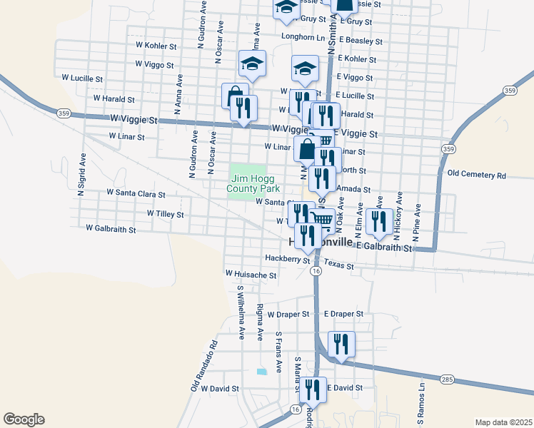 map of restaurants, bars, coffee shops, grocery stores, and more near West Tilley Street in Hebbronville