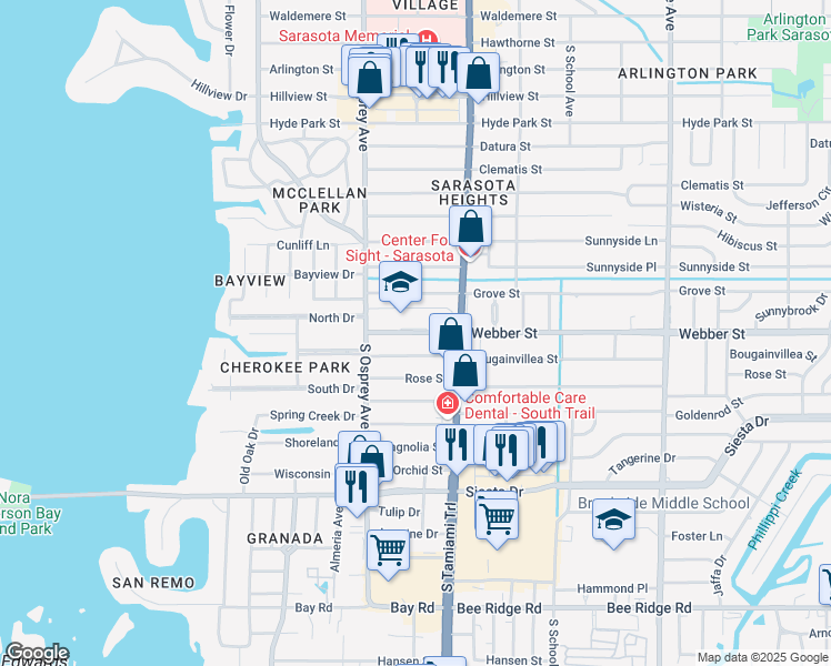map of restaurants, bars, coffee shops, grocery stores, and more near 1901 Webber Street in Sarasota