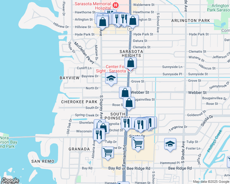 map of restaurants, bars, coffee shops, grocery stores, and more near 1901 Webber Street in Sarasota
