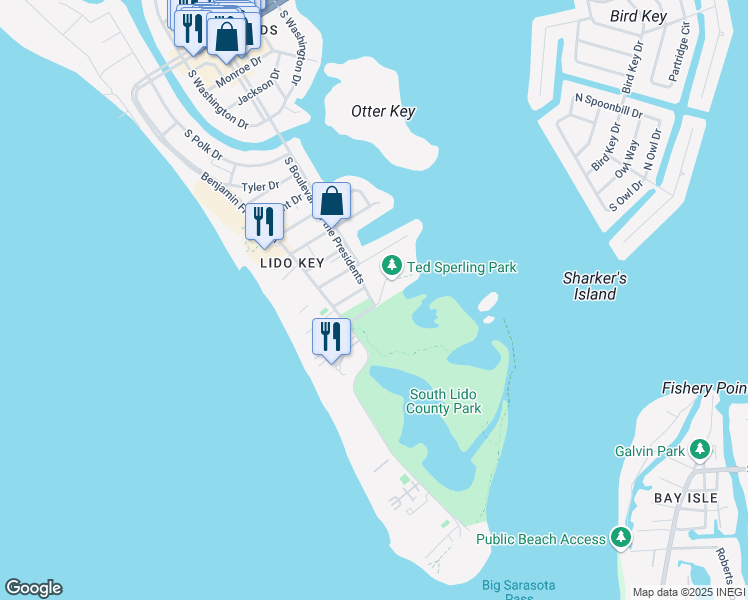 map of restaurants, bars, coffee shops, grocery stores, and more near 190 Taft Drive in Sarasota