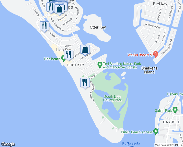 map of restaurants, bars, coffee shops, grocery stores, and more near 190 Taft Drive in Sarasota