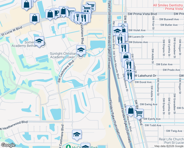 map of restaurants, bars, coffee shops, grocery stores, and more near 283 Southwest Lake Forest Way in Port St. Lucie