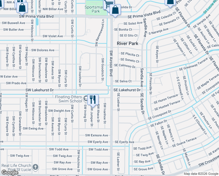 map of restaurants, bars, coffee shops, grocery stores, and more near 897 Southwest Goodrich Street in Port St. Lucie