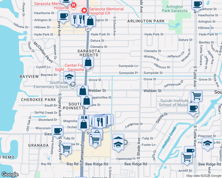 map of restaurants, bars, coffee shops, grocery stores, and more near 2732 Grove Place in Sarasota