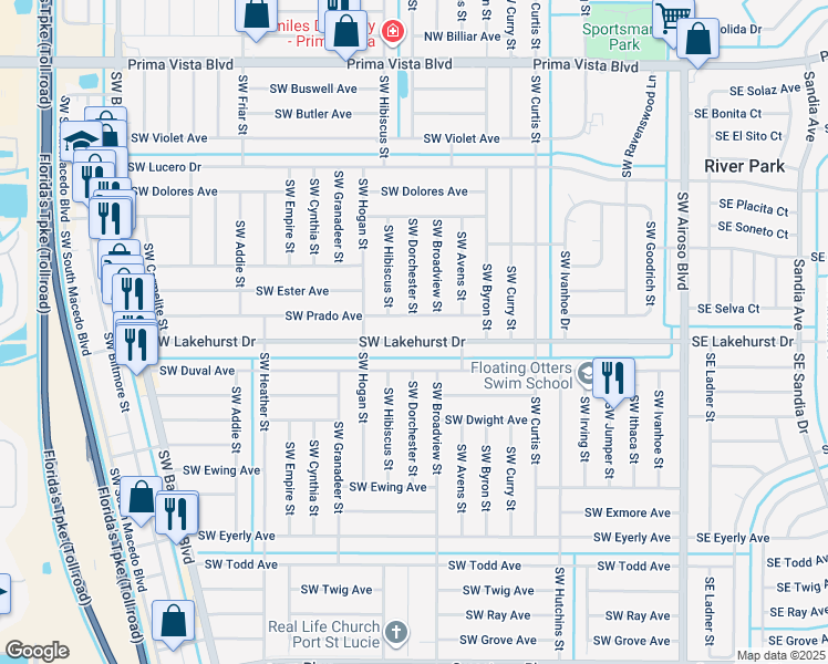 map of restaurants, bars, coffee shops, grocery stores, and more near 432 Southwest Prado Avenue in Port St. Lucie