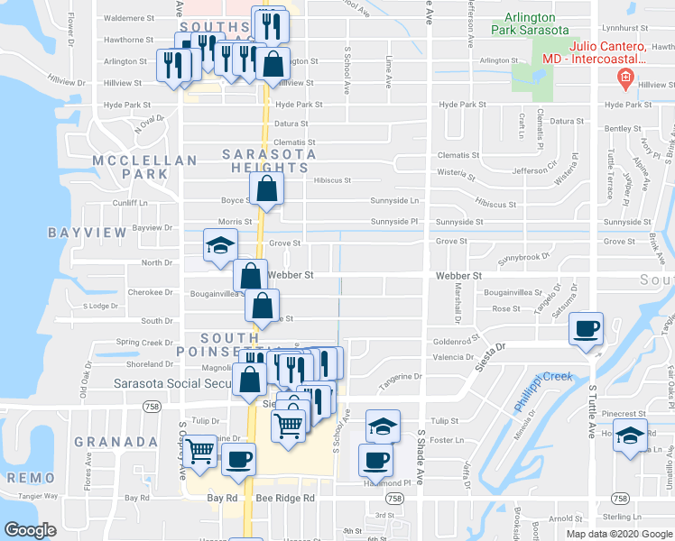 map of restaurants, bars, coffee shops, grocery stores, and more near 2732 Grove Place in Sarasota