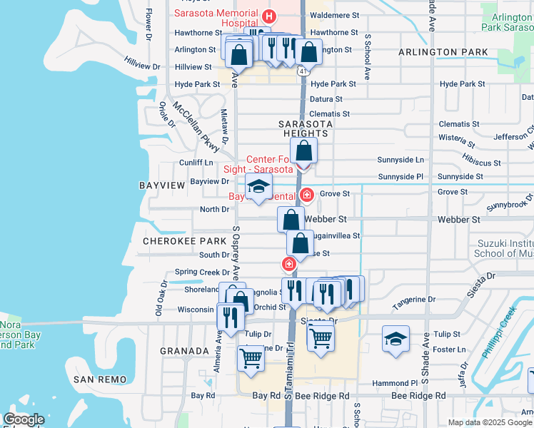 map of restaurants, bars, coffee shops, grocery stores, and more near 1901 Webber Street in Sarasota