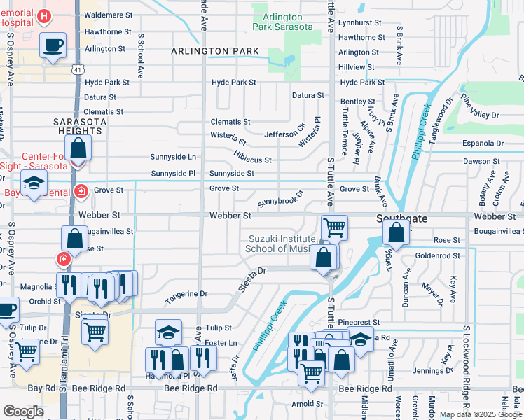 map of restaurants, bars, coffee shops, grocery stores, and more near 2532 Sunnybrook Drive in Sarasota