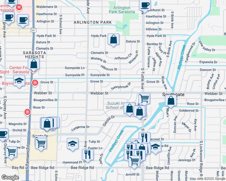 map of restaurants, bars, coffee shops, grocery stores, and more near 2532 Sunnybrook Drive in Sarasota