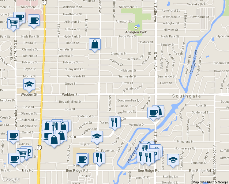 map of restaurants, bars, coffee shops, grocery stores, and more near 2516 Fruit Tree Drive in Sarasota