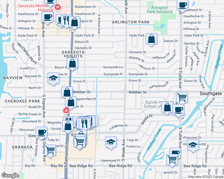 map of restaurants, bars, coffee shops, grocery stores, and more near in Sarasota