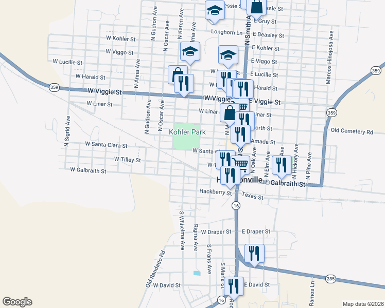 map of restaurants, bars, coffee shops, grocery stores, and more near 400-498 West Santa Clara Street in Hebbronville