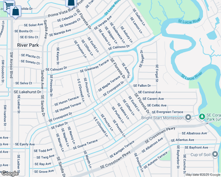map of restaurants, bars, coffee shops, grocery stores, and more near 549 Southeast Crosspoint Drive in Port St. Lucie