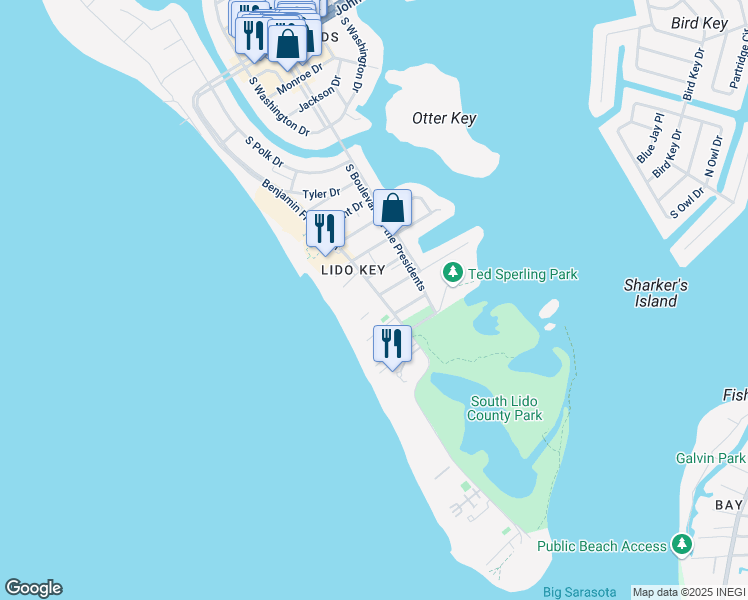map of restaurants, bars, coffee shops, grocery stores, and more near 930 Benjamin Franklin Drive in Sarasota