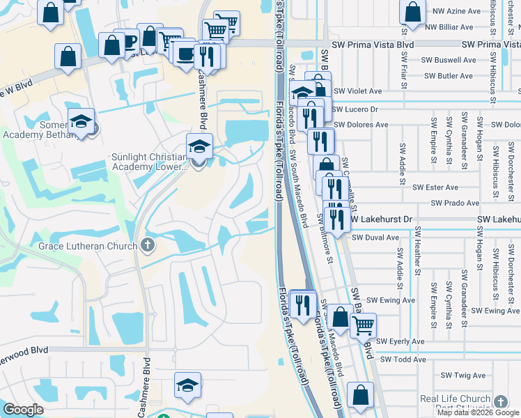 map of restaurants, bars, coffee shops, grocery stores, and more near 526 Southwest Lake Manatee Way in Port St. Lucie