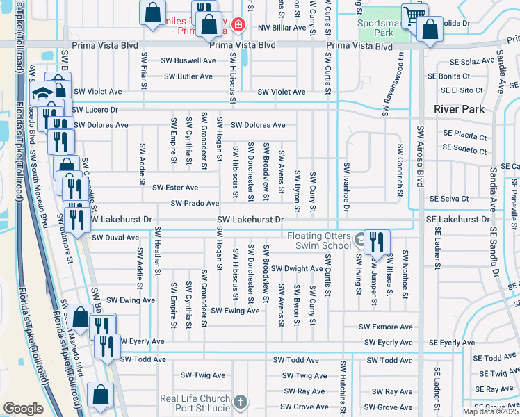 map of restaurants, bars, coffee shops, grocery stores, and more near 432 Southwest Prado Avenue in Port St. Lucie