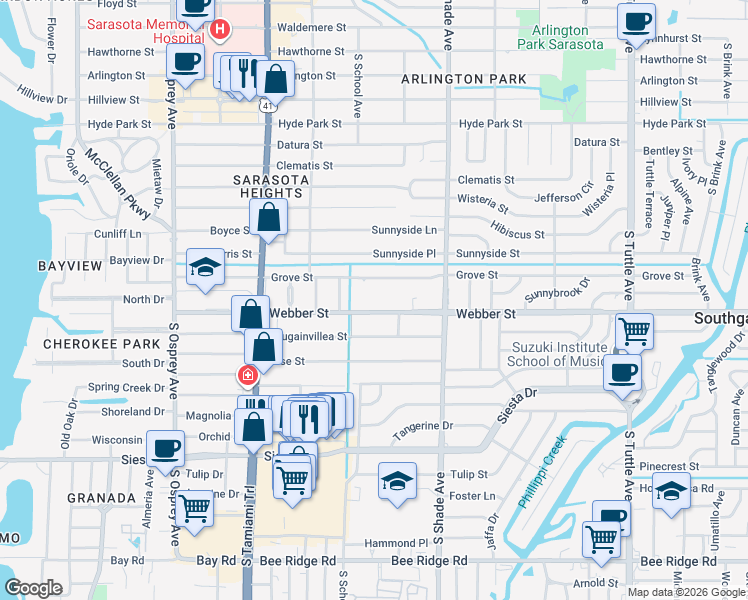 map of restaurants, bars, coffee shops, grocery stores, and more near 2205 Webber Street in Sarasota
