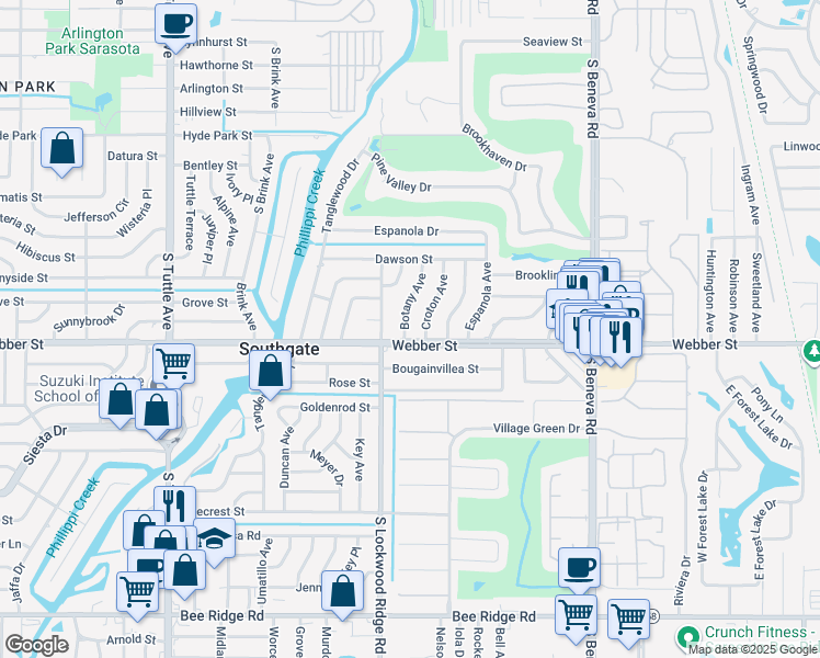 map of restaurants, bars, coffee shops, grocery stores, and more near 2716 Croton Avenue in Sarasota