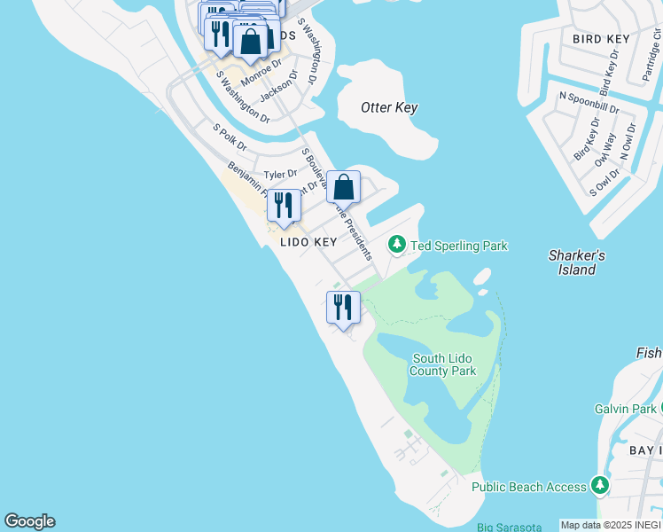 map of restaurants, bars, coffee shops, grocery stores, and more near 930 Benjamin Franklin Drive in Sarasota