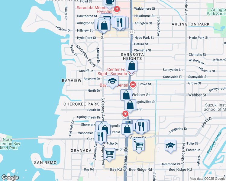map of restaurants, bars, coffee shops, grocery stores, and more near 1901 Webber Street in Sarasota