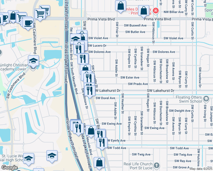 map of restaurants, bars, coffee shops, grocery stores, and more near 662 Southwest Prado Avenue in Port St. Lucie