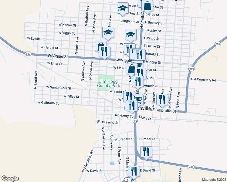 map of restaurants, bars, coffee shops, grocery stores, and more near 400 West Santa Clara Street in Hebbronville