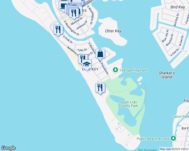map of restaurants, bars, coffee shops, grocery stores, and more near 930 Benjamin Franklin Drive in Sarasota