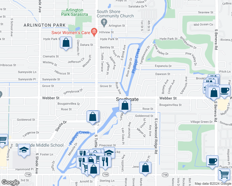 map of restaurants, bars, coffee shops, grocery stores, and more near 2944 Upper Tangelo Drive in Sarasota