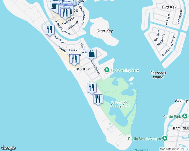 map of restaurants, bars, coffee shops, grocery stores, and more near 1001 Benjamin Franklin Drive in Sarasota