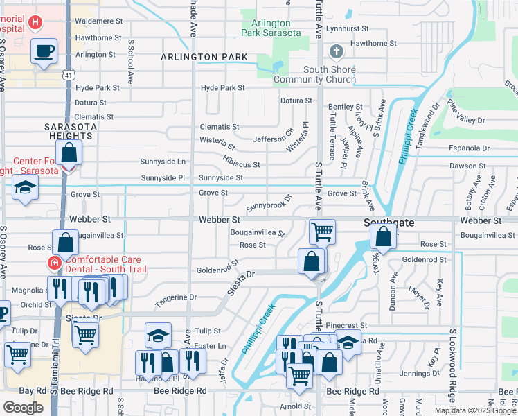 map of restaurants, bars, coffee shops, grocery stores, and more near 2532 Sunnybrook Drive in Sarasota