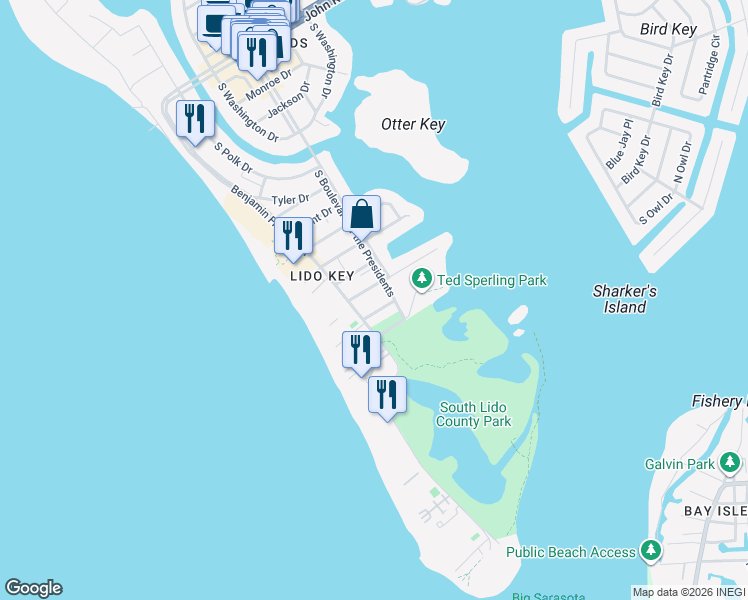 map of restaurants, bars, coffee shops, grocery stores, and more near 1001 Benjamin Franklin Drive in Sarasota