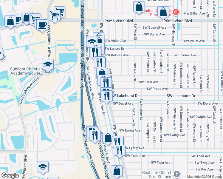 map of restaurants, bars, coffee shops, grocery stores, and more near 872 Southwest Carmelite Street in Port St. Lucie