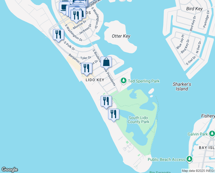 map of restaurants, bars, coffee shops, grocery stores, and more near 1001 Benjamin Franklin Drive in Sarasota