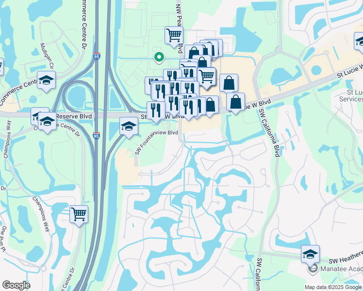 map of restaurants, bars, coffee shops, grocery stores, and more near 138 Southwest Peacock Boulevard in Port St. Lucie