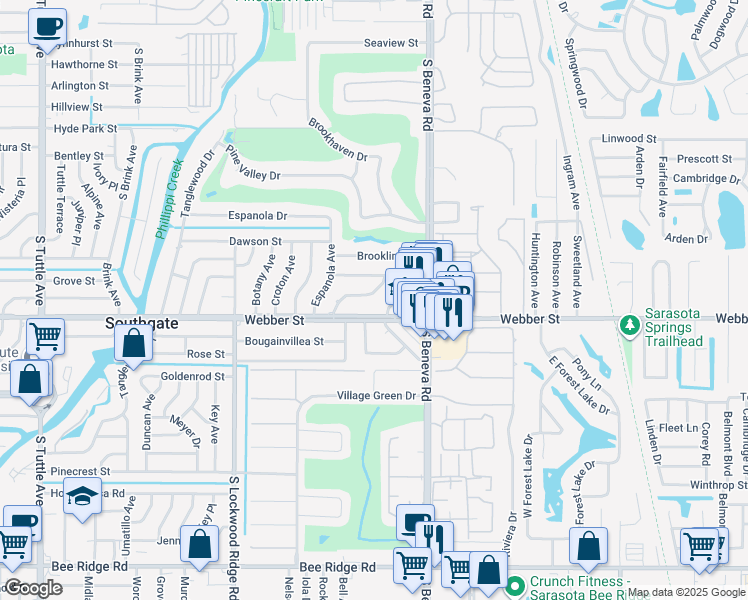 map of restaurants, bars, coffee shops, grocery stores, and more near 2639 Leafy Lane in Sarasota