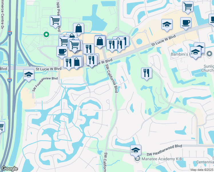 map of restaurants, bars, coffee shops, grocery stores, and more near 1636 Southwest Harbour Isles Circle in Port St. Lucie
