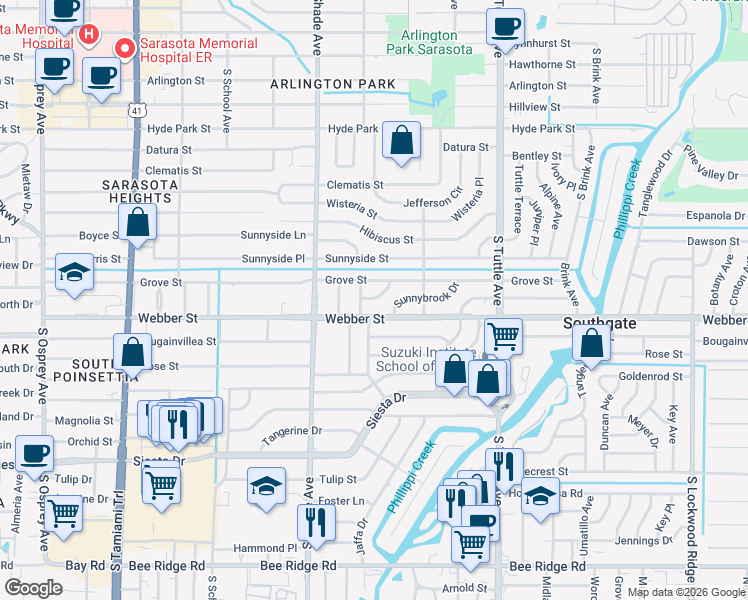 map of restaurants, bars, coffee shops, grocery stores, and more near 2516 Fruit Tree Drive in Sarasota