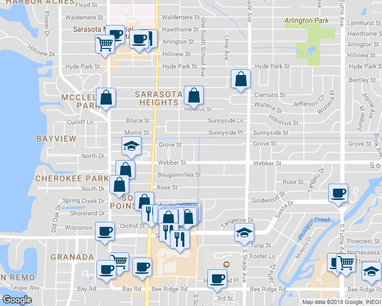 map of restaurants, bars, coffee shops, grocery stores, and more near 2732 Grove Place in Sarasota