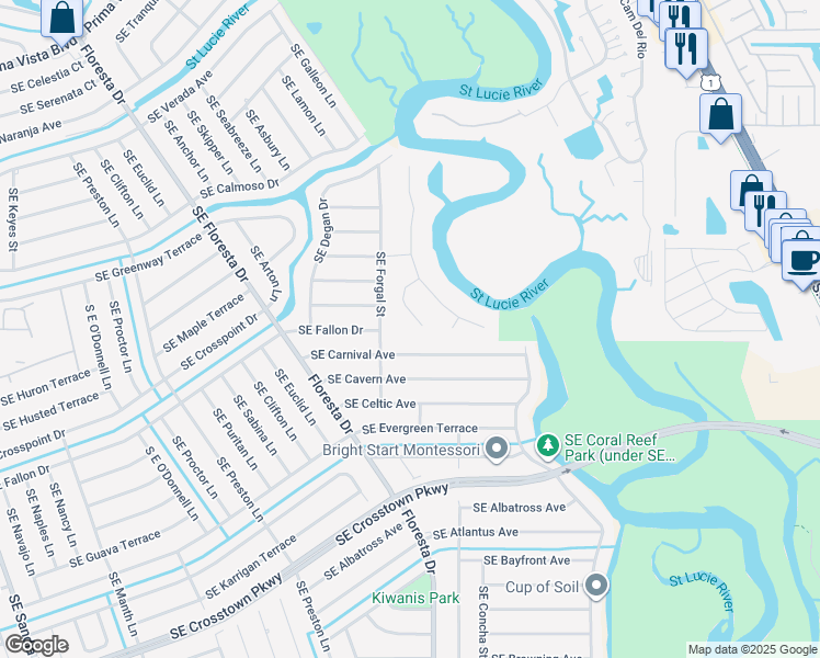 map of restaurants, bars, coffee shops, grocery stores, and more near 788 Southeast River Court in Port St. Lucie