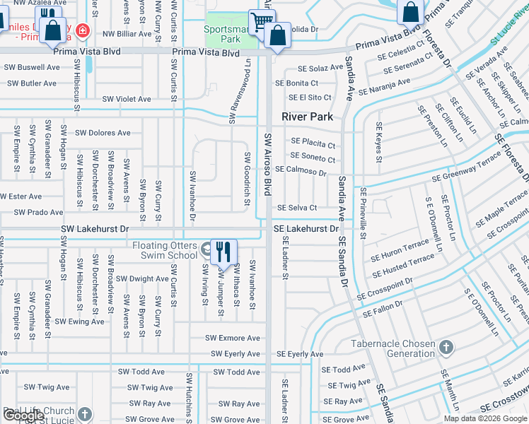 map of restaurants, bars, coffee shops, grocery stores, and more near 897 Southwest Goodrich Street in Port St. Lucie