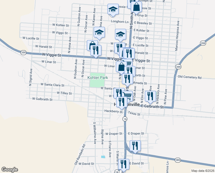 map of restaurants, bars, coffee shops, grocery stores, and more near 308 West Santa Clara Street in Hebbronville