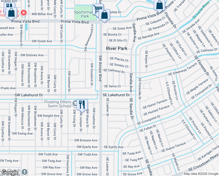 map of restaurants, bars, coffee shops, grocery stores, and more near 214 Southeast Selva Court in Port St. Lucie