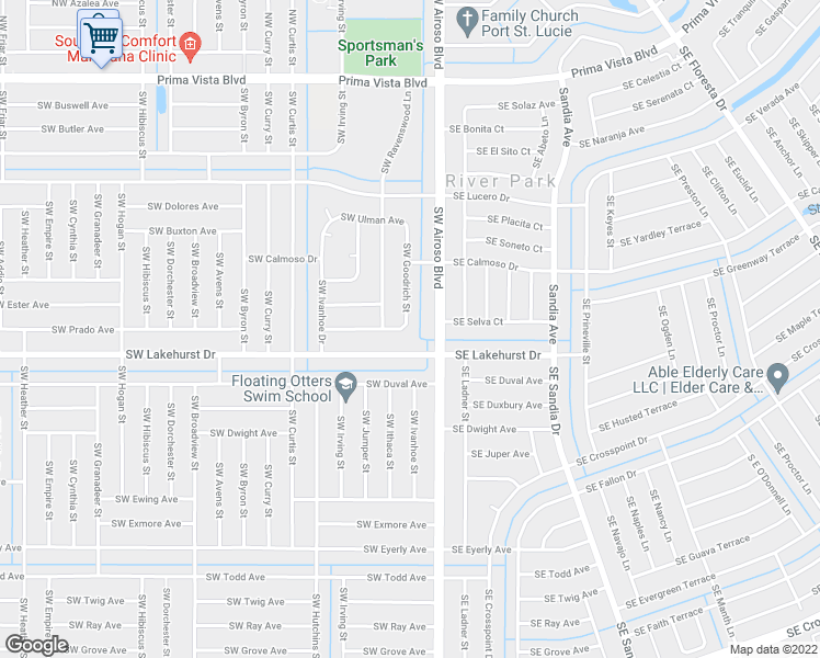 map of restaurants, bars, coffee shops, grocery stores, and more near 897 Southwest Goodrich Street in Port St. Lucie