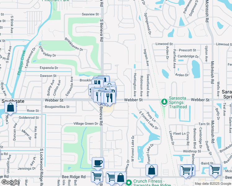 map of restaurants, bars, coffee shops, grocery stores, and more near 3657 Fescue Lane in Sarasota