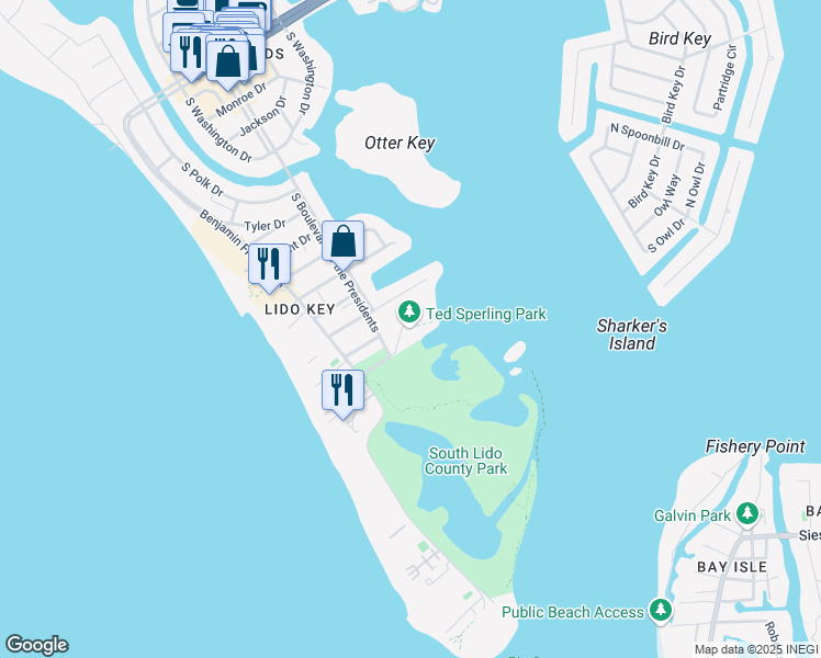 map of restaurants, bars, coffee shops, grocery stores, and more near 190 Taft Drive in Sarasota
