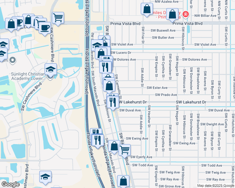 map of restaurants, bars, coffee shops, grocery stores, and more near 872 Southwest Carmelite Street in Port St. Lucie