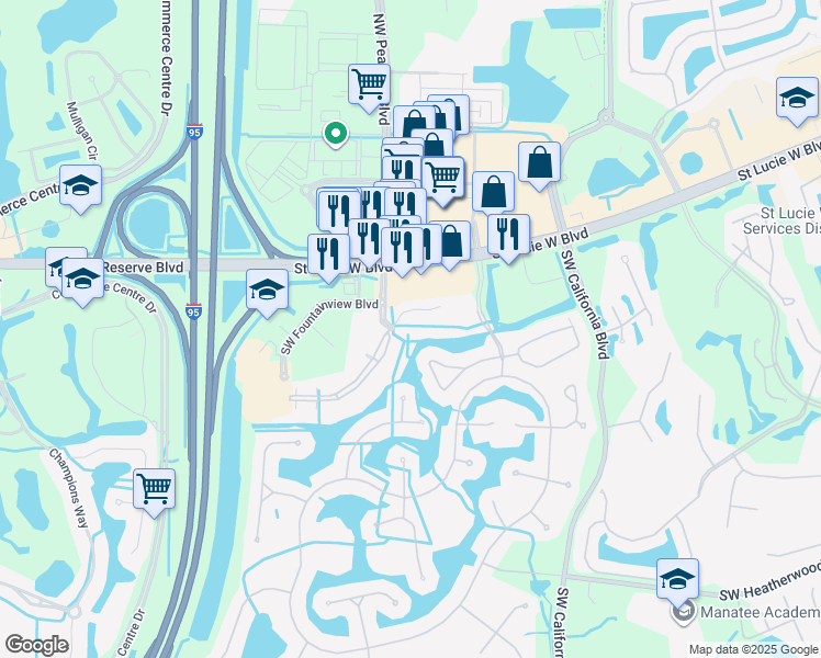 map of restaurants, bars, coffee shops, grocery stores, and more near 120 Southwest Peacock Boulevard in Port St. Lucie