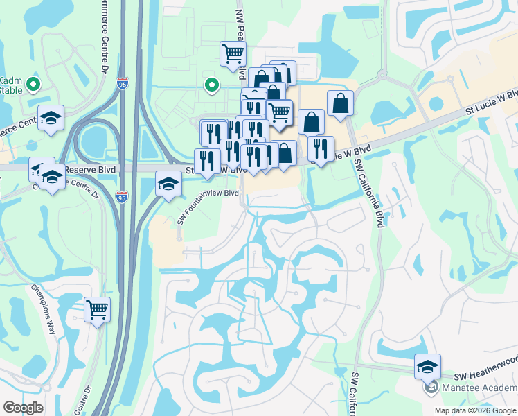 map of restaurants, bars, coffee shops, grocery stores, and more near 120 Southwest Peacock Boulevard in Port St. Lucie