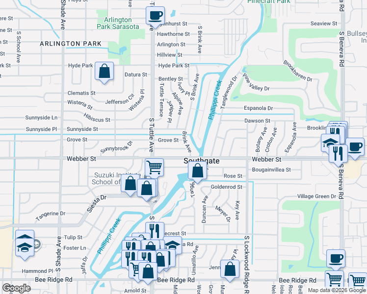 map of restaurants, bars, coffee shops, grocery stores, and more near 2920 Upper Tangelo Drive in Sarasota