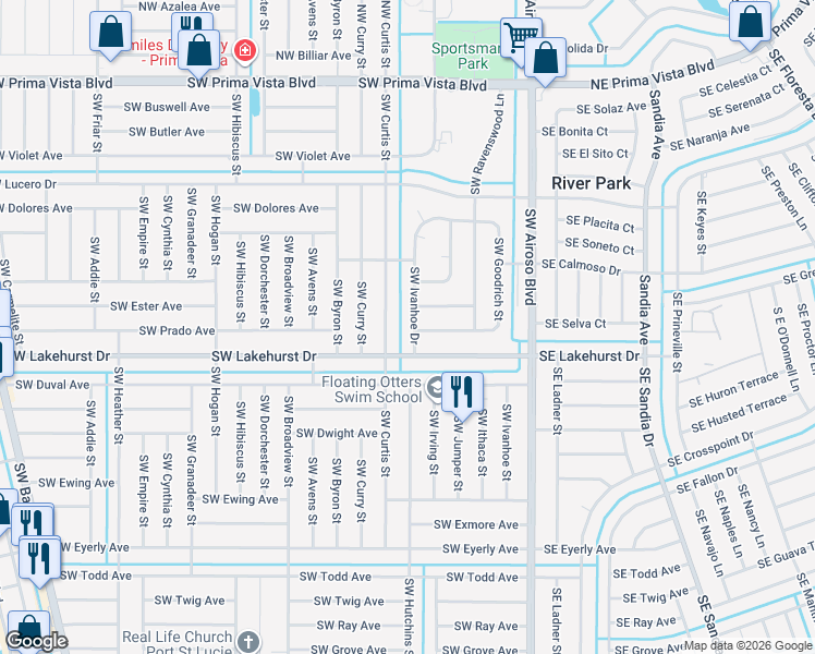 map of restaurants, bars, coffee shops, grocery stores, and more near 949 Southwest Curtis Street in Port St. Lucie